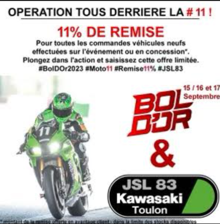 Votre concessionnaire JSL 83 Kawasaki Toulon sera présent au Bol d’Or du 15 au 17 septembre 2023.